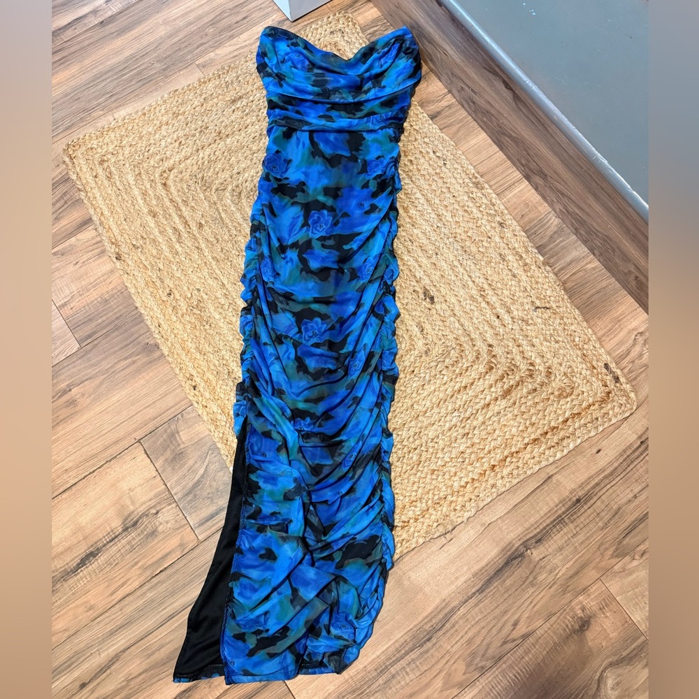 AKIRA Vibrant Blue and Black Patterned Maxi Dress